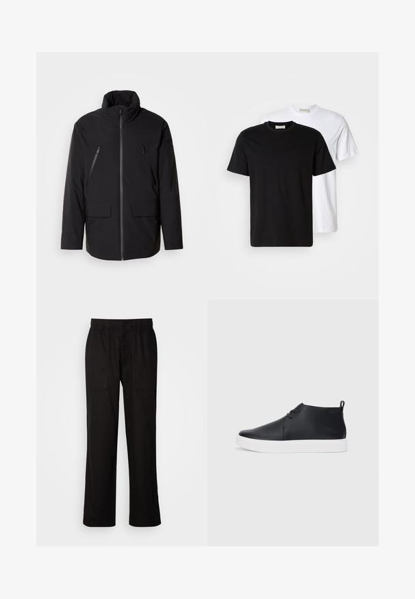 Musta takki korkealla kauluksella, täysivetoketju edessä, kaksi vetoketjullista rintataskua ja kaksi etutaskua läpällä; sileä pinta ja rento istuvuus.; Kaksi yksinkertaista puuvillapaitaa, musta paita valkoisen edessä, molemmissa on lyhyet hihat ja pyöreä pääntie.; Mustat housut rentoa istuvuutta, valmistettu kevyestä kankaasta. Varustettu elastisella vyötärönauhalla, nappikiinnityksellä ja kahdella etutaskulla.; Musta nahkainen korkeavartinen lenkkari, jossa on sileä pinta, valkoinen kumipohja ja yksinkertainen nauhoitusdesign. Takana on vetoketju.