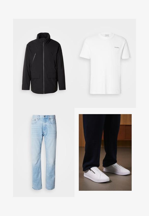Zwarte jas met hoge kraag, volledige ritssluiting, twee ritszakken op de borst en twee voorzakken met klep; gladde textuur en ontspannen pasvorm.; Witte katoen T-shirt met korte mouwen en een ronde hals. Bevat een klein zwart "Calvin Klein" logo op de linkerborst.; Lichtblauwe denim jeans met een rechte pijp, met vervaagde delen, vijf-pocket ontwerp en een klassieke knoopsluiting.; Witte sneakers met een gladde leren afwerking, platte zool en vetersluiting. Zijdelingse ritsdetail voegt functionaliteit toe. Gecombineerd met donkere joggers.