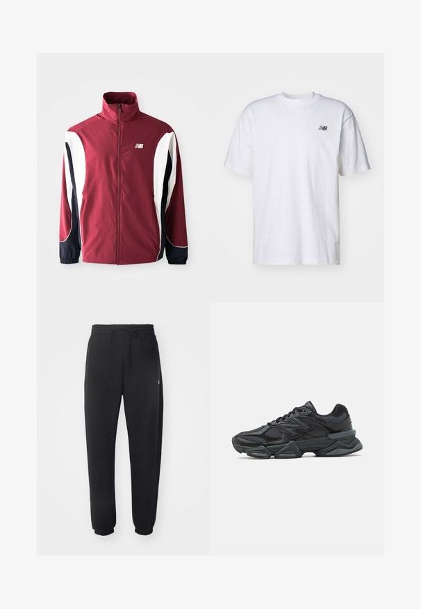 Burgundi ülikond, millel on kõrge kaelus, täispikk tõmblukk, valged ja tumesinised külgpaneelid ning logo vasakul rinnal. Sile kangas koos elastsete mansettidega.; Valge lühikeste varrukatega t-särk ringkaelusega, mille vasakul rinnal on väike must New Balance'i logo, taust on ühtlane.; Mugavad mustad spordipüksid pehmest materjalist, elastse vöökoha, nööridega ja kitsenevate varrukatega, külgedel on diskreetne logo.; Mustad mustus jooksukeng, mis sisaldab segu võrgust ja sünteetilisest materjalist, jäme talla, kaarduv disain ja silmapaistev bränding külgedel.