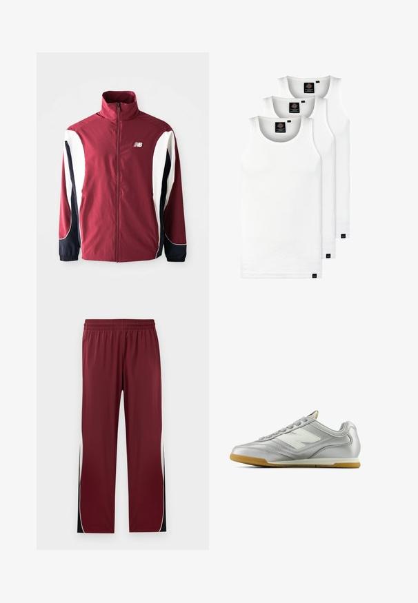 Chaqueta burdeos con alto cuello, cremallera completa, paneles laterales blancos y marinos, y logotipo en el lado izquierdo del pecho. Tejido suave con puños elásticos.; Tres camisetas sin mangas de algodón de color blanco con canalé. Cuentan con cuello redondo y pequeñas etiquetas negras cerca del dobladillo. Disponibles en múltiples tamaños.; Pantalones deportivos granate con cintura elástica, rayas laterales blancas contrastantes y detalles en negro. Fabricados con un tejido suave y ligero.; Zapatilla deportiva plateada con una superficie suave y brillante, logotipo blanco en el lateral, cordones texturizados en gris y suela de goma.