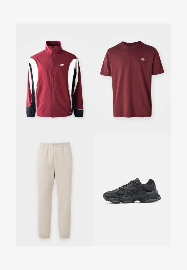 Bordó dzseki magas gallérral, teljes cipzárral, fehér és tengerészkék oldalpanelekkel, valamint logóval a bal mellkason. Sima anyag, rugalmas mandzsettákkal.; Burgundi színű pamut póló, kerek nyakkivágással, rövid ujjú, és egy kis kör alakú márkalogó hímzett a bal mellrészen.; Világos bézs színű, puha anyagból készült melegítőnadrág, rugalmas derékrésszel, állítható zsinórral és szűkített szárakkal a bokánál.; Fekete futócipő, mely háló és szintetikus anyagok keverékéből készült, vastag talppal, ívelt kialakítással és hangsúlyos logóval az oldalon.