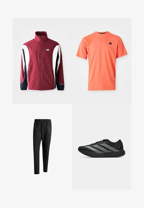 Bordová bunda s vysokým límcem, plným zipem, bílými a námořnicky modrými bočními panely a logem na levé hrudi. Hladká tkanina s elastickými manžetami.; Korálové sportovní tričko s krátkými rukávy vyrobené z lehkého materiálu, s černým trojúhelníkovým logem na levé části hrudi a kulatým výstřihem.; Černé sportovní kalhoty s elastickým pasem, dvěma zipovými bočními kapsami, zúženými nohavicemi a decentním logem na boku.; Černé sportovní boty s lehkou konstrukcí, se třemi výraznými šedými pruhy, hladkým povrchem a tvarovanou podrážkou.