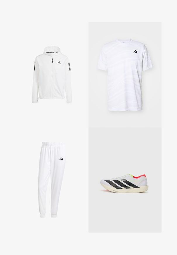 Giacca leggera bianca con cappuccio, dotata di loghi Adidas neri e tre strisce nere su ciascun maniche. Realizzata in materiale leggero e liscio.; T-shirt sportivo bianco con un sottile motivo a onde, colletto rotondo, maniche corte e un logo nero con tre strisce sul lato sinistro del petto.; Pantaloni sportivi bianchi realizzati in tessuto liscio, con una vita elasticizzata e polsini aderenti, dotati di un logo nero sulla tasca posteriore.; Scarpa da corsa bianca con strisce nere, dettagli in verde neon e tallone rosso. Presenta un design leggero e una suola testurizzata per aderenza.