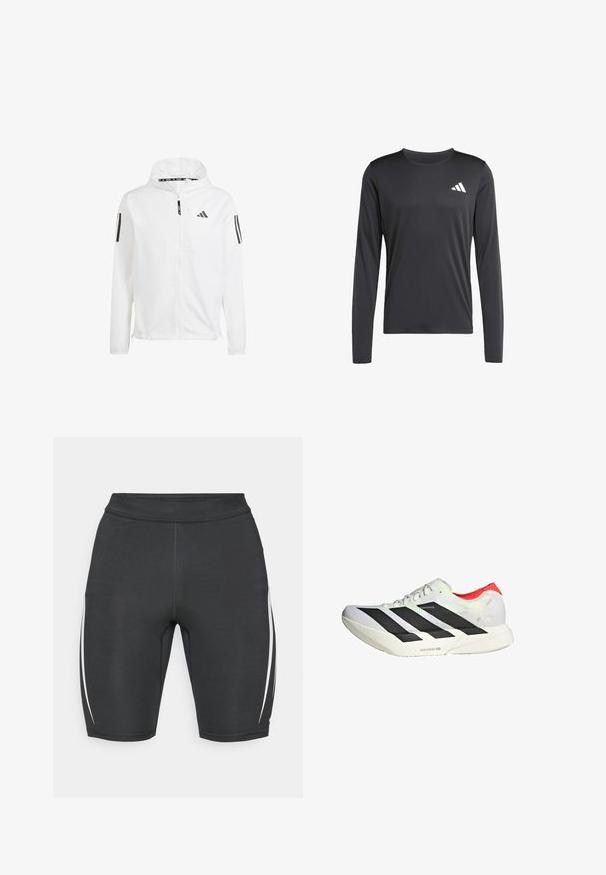 White windbreaker jacket with a hood, featuring black Adidas logos and three black stripes on each sleeve. Made from lightweight, smooth material.; Black long-sleeve athletic shirt made of smooth, lightweight fabric featuring a small white logo on the upper left. Simple and fitted design.; Black athletic shorts with white side stripes, made of stretchy fabric, featuring a high waistband and a fitted design for comfort.; White athletic shoe with black diagonal stripes, red accents at the heel, and a textured upper; features LIGHTSTRIKE PRO cushioning.
