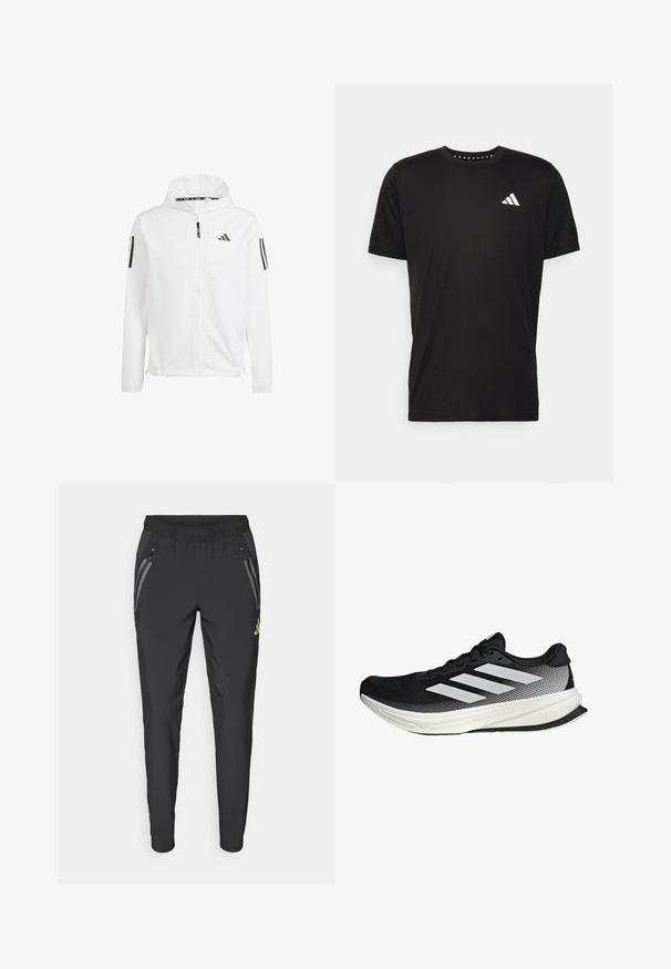 Chaqueta cortavientos blanca con capucha, que presenta logos de Adidas en negro y tres rayas negras en cada manga. Fabricada con un material ligero y suave.; Camiseta de algodón negra con mangas cortas, cuello redondo y un logo blanco en el lado izquierdo del pecho. Textura suave y diseño sencillo.; adidas Performance REAL MADRID TIRO25 PRO VIS TECH TRAVEL PANT - Equipación de clubes - black/lucid lemon; Zapato deportivo negro con un diseño de malla, que presenta rayas blancas, una puntera redondeada y una suela texturizada para agarre y soporte.