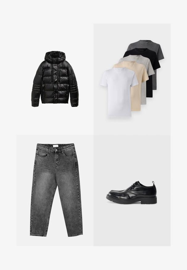 Chaqueta de plumas negra hecha de material sintético brillante. Presenta una capucha, cierres de botón y cremallera, y dos bolsillos frontales con costuras detalladas.; Conjunto de cinco camisetas de manga corta en blanco, beige, gris claro, gris oscuro y negro. Hechas de algodón suave, con un diseño de cuello redondo.; Jeans de pernera recta en lavado negro con bolsillos delanteros y traseros, trabillas para cinturón y cierre de botón en la cintura.; Zapato de vestir de cuero negro con puntera redondeada, parte frontal con cordones y una costura decorativa. Presenta una suela de goma gruesa y texturizada y una pestaña en el talón.