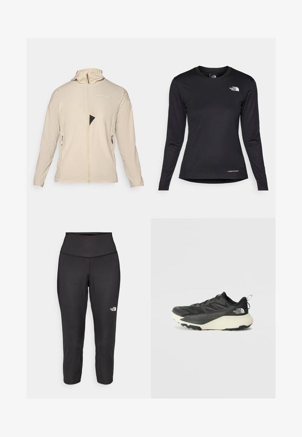 Béžová ľahká bunda s vysokým golierom, plnou zipsom a zipsovými bočnými vreckami. Obsahuje trojuholníkový čierny sieťovaný vklad na hrudi.; The North Face SHADOW LONG SLEEVE - Top s dlhým rukávom - black; Čierne capri legíny vyrobené z elastickej tkaniny, s vysokým pásom a malým bielym logom na ľavej strane. Hladká textúra.; Čierna atletická obuv s textúrovaným vrchom, s šedými akcentmi a bielou medzipodrážkou. Obsahuje pútko a výrazné logo značky na päte.