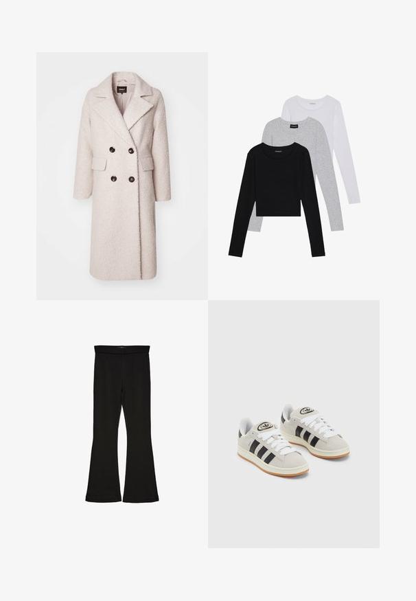 Cappotto doppio petto beige chiaro realizzato in tessuto testurizzato, con colletto a prolungamento, due tasche anteriori e bottoni neri.; Tre magliette a maniche lunghe impilate: nera, grigia e bianca. Ognuna ha un colletto rotondo e un design accorciato con tessuto morbido e leggero.; Leggings a zampa nera realizzati in un tessuto elasticizzato. Presentano una vita alta e una superficie liscia, con una silhouette aderente che si ampia all'orlo.; Sneakers in suede grigio con lacci bianchi, strisce nere e suola in gomma bianca. Presentano un logo circolare sulla linguetta e una suola in gomma.