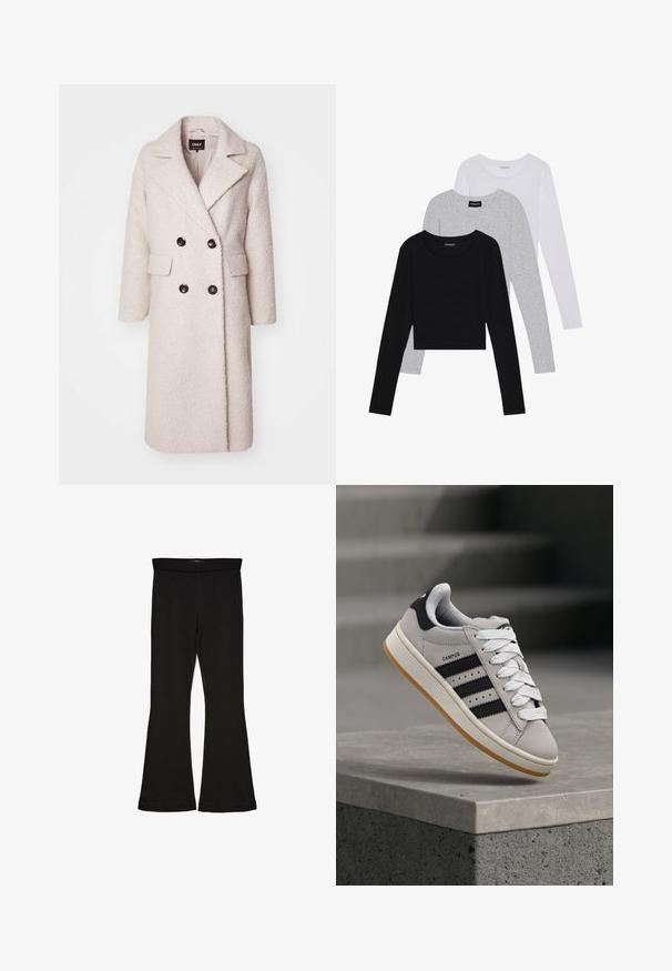 Cappotto doppio petto beige chiaro realizzato in tessuto testurizzato, con colletto a prolungamento, due tasche anteriori e bottoni neri.; Tre magliette a maniche lunghe impilate: nera, grigia e bianca. Ognuna ha un colletto rotondo e un design accorciato con tessuto morbido e leggero.; Leggings a zampa nera realizzati in un tessuto elasticizzato. Presentano una vita alta e una superficie liscia, con una silhouette aderente che si ampia all'orlo.; Sneaker Adidas Campus grigia con strisce nere e lacci bianchi che fluttua sopra un bordo in cemento con scale sullo sfondo.