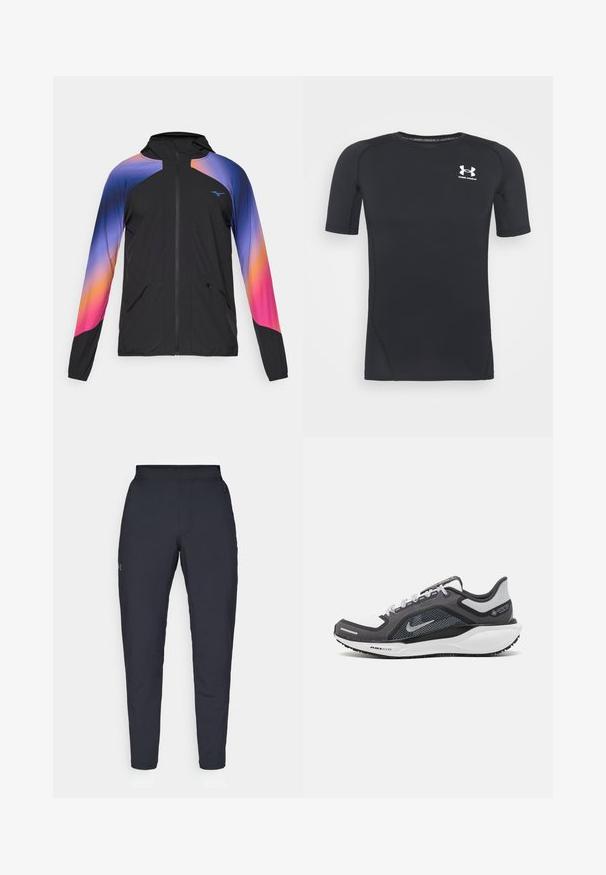 Svart lett jakke med gradientdesign i lilla, oransje og rosa. Har glidelås, hette og to frontlommer.; Svart kortermet treningsskjorte laget av fukttransporterende, stretchy stoff. Har rund hals og en liten hvit logo på brystet.; Sorte treningbukser med glatt tekstur, smal passform, elastisk midjebånd og sidelommer. Har en liten logo på venstre lår.; Svart og grå atletisk sko med mesh-overdel, refleksdetaljer og hvit mellomsåle. Har strukturert gummisåle og lisser.