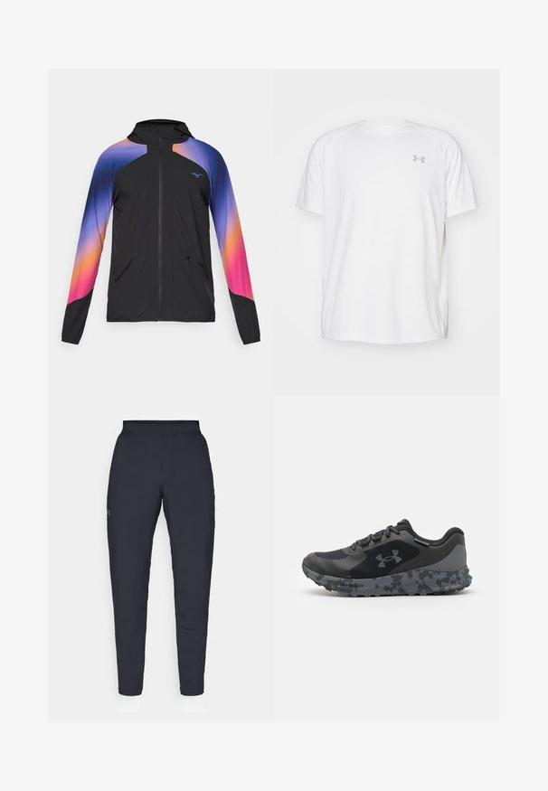 Svart lättviktsjacka med gradientdesign i lila, orange och rosa. Har dragkedja, huva och två framfickor.; Vit kortärmad träningsskjorta tillverkad av mjukt tyg. Har rund halsringning och en grå logo på vänster bröst, med sidoflikar vid fållen.; Svarta träningsbyxor med en slät yta, slim fit, elastisk midja och sidofickor. Har en liten logotyp på vänstra låret.; Svart träningsskor med en texturerad ovandel, grå camosole och raka snören. Har Under Armour-loggan på sidan.