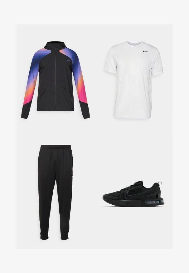 Sort letvægtsjakke med et gradientdesign i lilla, orange og pink. Har en lynlås, hætte og to frontlommer.; Hvid kortærmet t-shirt lavet af glat stof. Har en rund hals og et lille sort Nike-logo på venstre bryst.; Sorte atletiske bukser lavet af glat stof, med elastisk talje, smalnende ben og et lille hvidt logo på venstre side.; Sort Nike sportsko med mesh-overdel, gummisål, polstret krave og en markant transparent hælaccent.