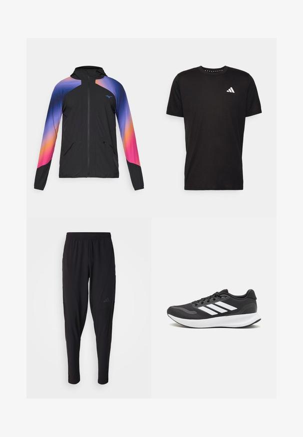Črna lahka jakna z gradientnim dizajnom v vijolični, oranžni in roza barvi. Ima zadrgo, kapuco in dva sprednja žepa.; Črna bombažna majica s kratkimi rokavi, okroglim izrezom in belim logotipom na levem prsnem predelu. Gladka tekstura in preprost dizajn.; Črne športne hlače z elastiko v pasu, zožanega kroja, stranskimi žepi in diskretnim logotipom. Narejene iz fleksibilnega, zračnega materiala.; Črne športne čevlje z zračnim mrežastim zgornjim delom, belimi akcenti in oblazinjeno podplatom. Imajo tri črte logo na strani.