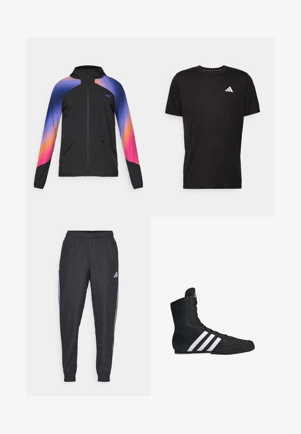 Black lightweight jacket with a gradient design in purple, orange, and pink. Features a zipper, hood, and two front pockets.; Black cotton t-shirt with short sleeves, crew neckline, and a white logo on the left chest. Smooth texture and simple design.; Black athletic pants with an elastic waistband, featuring white stripes along the sides and a small logo on the hip. Smooth texture.; Black high-top athletic shoe with a textured fabric upper, featuring three white stripes and a laced front design. Flat rubber sole at the base.