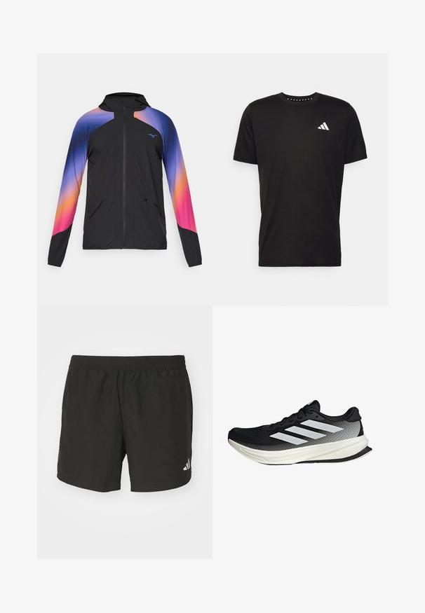 Čierna ľahká bunda s gradientovým vzorom v purpurovej, oranžovej a ružovej farbe. Obsahuje zips, kapucňu a dve predné vrecká.; Čierne bavlnené tričko s krátkymi rukávmi, klasickým výstrihom a bielym logom na ľavej strane hrude. Hladká textúra a jednoduchý dizajn.; Čierne atletické šortky s elastickým pásom, bočnými rozparkami a reflexnými logovými akcentmi. Vyrobené z ľahkej, hladkej tkaniny.; Čierna atletická topánka s dizajnom z mriežky, s bielymi prúžkami, zaoblenou špičkou a textúrovanou podrážkou pre lepšiu priľnavosť a podporu.