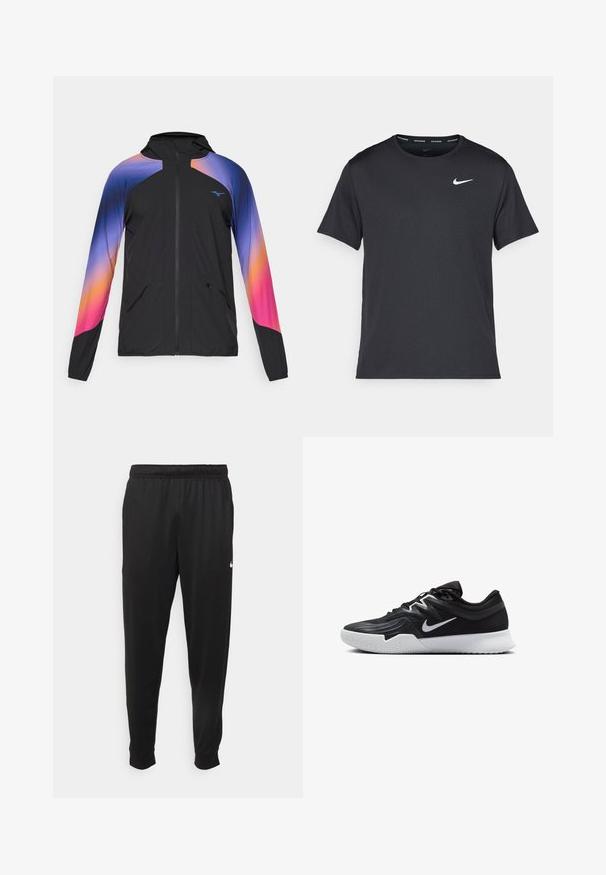 Casaco leve preto com um design em degradê nas cores roxo, laranja e rosa. Apresenta um fecho éclair, capuz e dois bolsos frontais.; T-shirt de corrida Nike preto, feito de material leve e respirável, com mangas curtas e um pequeno logo branco no peito.; Calças de desporto pretas feitas de tecido suave, com uma cintura elástica, pernas ajustadas e um pequeno logo branco no lado esquerdo.; Sapatilha atlética preta com um cabedal texturizado, swoosh branco da Nike e uma sola de borracha branca. Apresenta um design com atacadores e uma forma dinâmica.