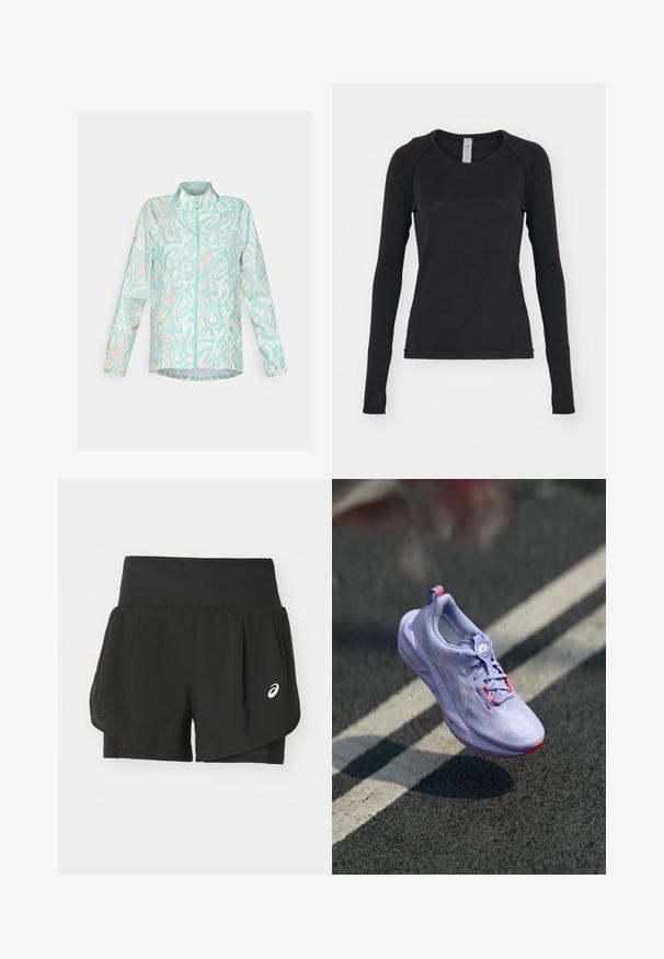 Veste légère bleue avec un motif abstrait blanc et pêche, fermeture éclair sur le devant, col montant et deux poches latérales.; Chemise à manches longues noire, fabriquée en tissu doux. Présente un col rond et des manches raglan avec des ouvertures pour les pouces au niveau des poignets. Design minimaliste.; Shorts de sport noirs dotés d'un revêtement en maille respirante, de sous-shorts au toucher lisse, et d'un logo blanc sur le côté gauche.; Baskets de course violettes claires avec un dessus texturé, des accents roses, un mécanisme de laçage arrondi et une semelle mouchetée, surélevées au-dessus d'un fond en pavé.