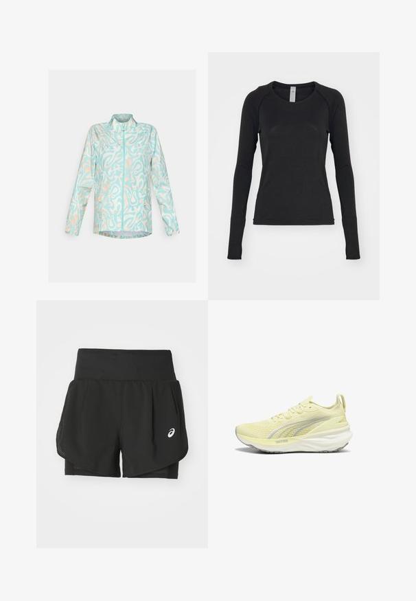 Lightweight blue jacket with an abstract white and peach pattern, full zip front, stand-up collar, and two side pockets.; Long-sleeve shirt in black, made of soft fabric. Features a crew neck and raglan sleeves with thumbholes at cuffs. Minimalist design.; Black athletic shorts featuring a breathable mesh overlay, inner shorts with smooth texture, and a white logo on the left side.; Light yellow athletic shoe with a textured upper, gray accents, and a cushioned sole. Features a lace-up design and a pull tab at the heel.