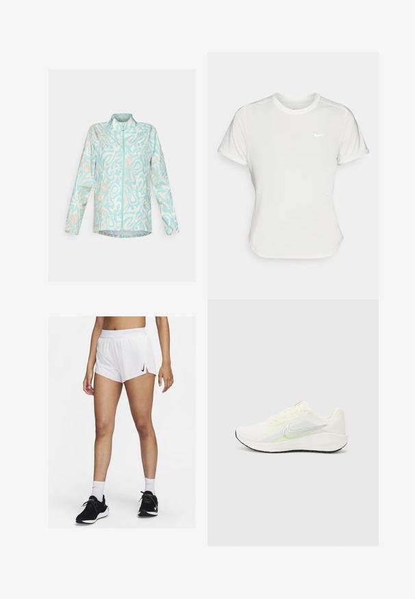 Kevyt sininen takki, jossa on abstrakti valkoisen ja persikan värinen kuvio, täysivetoketju etuosa, pystykaulus ja kaksi sivutaskua.; Nike T-paita valkoisena, lyhythihaisena, pyöreällä kaula-aukolla, valmistettu sileästä, kevyestä kankaasta. Rinnassa on huomaamaton logo.; Valkoiset urheilushortsit, joissa on resorivyötärö, sivuhaarat ja musta Nike-logo. Yhdistetty mustiin tennareihin ja valkoisiin polvisukkiin.; Nike Performance DOWNSHIFTER 13 - Katujuoksukengät - sail/silver-coloured photon dust/summit white/barely volt/black