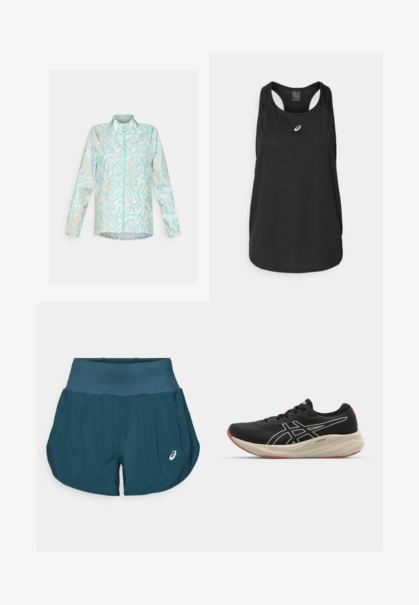 Lichtgewicht blauwe jas met een abstract wit en perzik patroon, volledige ritssluiting aan de voorkant, staande kraag en twee zijzakken.; Zwarte sportieve tanktop van lichtgewicht stof. Heeft een ronde halslijn, racerback ontwerp en een klein wit logo op de voorkant.; ASICS ROAD SHORT - Korte broeken - saxon green; Zwarte hardloopschoen met een bovenwerk van mesh en witte accenten. Beschikt over een gewatteerde tussenzool en rode details op de buitenzool. Lichtgewicht ontwerp.