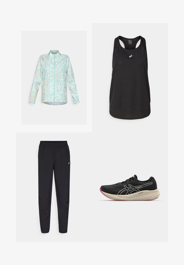 Let blå jakke med et abstrakt mønster i hvid og fersken, fuld lynlås foran, stående krave og to sidelommer.; Sort atletisk tanktop lavet af letvægtsstof. Har en rund halsudskæring, racerback-design og et lille hvidt logo foran.; Sorte træningsbukser med elastisk talje, smalnende ben med manchetter, lavet af et let og glat materiale, og med et lille logo på låret.; Sort løbesko med mesh-overdel og hvide detaljer. Har en polstret mellemsål og røde ydersåledetaljer. Letvægtsdesign.