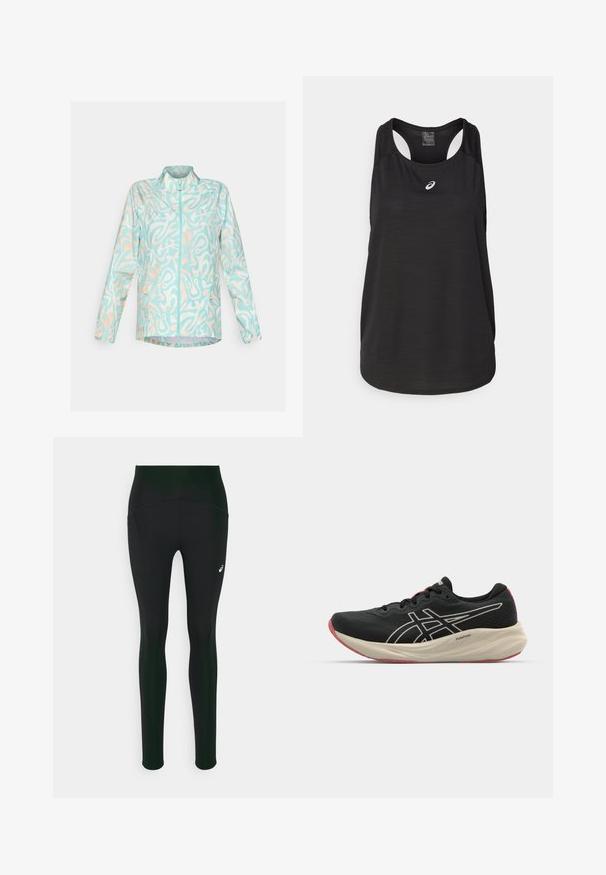 Let blå jakke med et abstrakt mønster i hvid og fersken, fuld lynlås foran, stående krave og to sidelommer.; Sort atletisk tanktop lavet af letvægtsstof. Har en rund halsudskæring, racerback-design og et lille hvidt logo foran.; Sorte leggings med høj talje, der har en glat overflade og sidelommer. Diskrete reflekterende detaljer og et logo er til stede.; Sort løbesko med mesh-overdel og hvide detaljer. Har en polstret mellemsål og røde ydersåledetaljer. Letvægtsdesign.