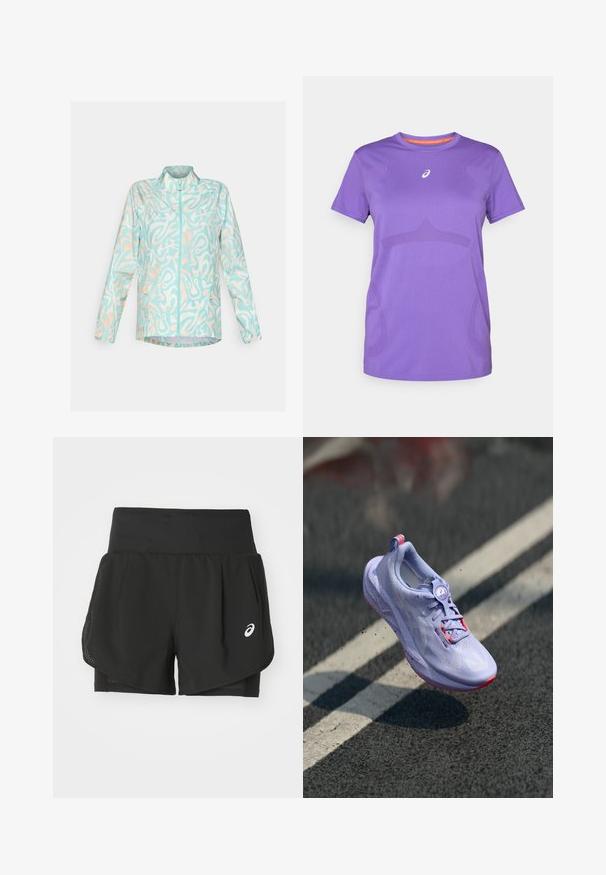 Chaqueta ligera azul con un patrón abstracto en blanco y melocotón, cierre frontal de cremallera completa, cuello alto y dos bolsillos laterales.; Camiseta deportiva morada hecha de tejido transpirable. Presenta un cuello redondo, mangas cortas y un sutil patrón tonal en el frente.; Pantalones cortos deportivos negros que cuentan con una superposición de malla transpirable, pantalones internos con una textura suave y un logo blanco en el lado izquierdo.; Zapatilla de correr en tono púrpura claro con un upper texturizado, detalles en color rosa, un mecanismo de cordones redondo y una suela moteada, elevándose sobre un fondo de pavimento.