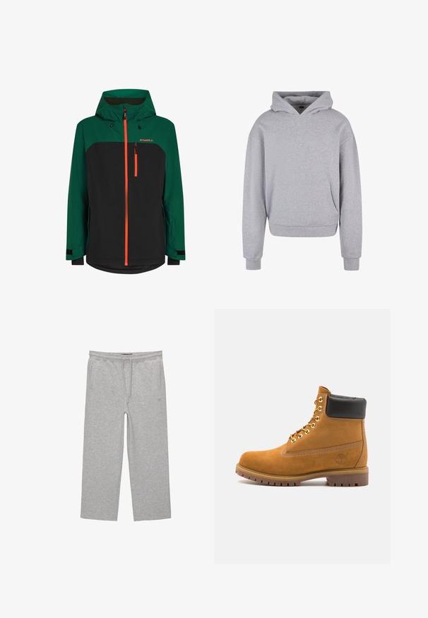 Zelená a čierna bunda s kapucňou, s oranžovými zipsami, zipsovým vreckom na hrudi a nastaviteľnými manžetami. Vyrobená z materiálu odolného voči poveternostným vplyvom.; Sivá bavlnená mikina s kapucňou, prednou vreckom, šnúrkami na kapucňu a rebrovanými manžetami a lemami. Má jemný, textúrovaný povrch.; Šedé bavlnené nohavice na voľný čas s elastickým pásom, šnúrkou a dvomi bočnými vreckami; rovný strih nohavíc, jemná textúra, bez vzorov.; Tyrkysové semišové členkové topánky s čiernym polstrovaným golierom, zlatými kovovými očkami, bielym prešívaním a robustnou gumovou podrážkou s výraznými drážkami.