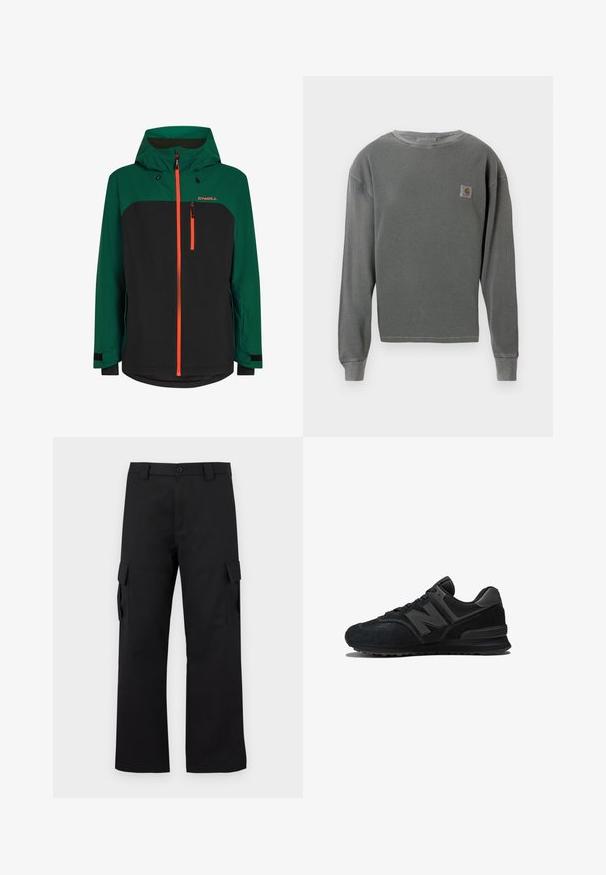 Green and black jacket with a hood, featuring orange zippers, a zippered chest pocket, and adjustable cuffs. Made from weather-resistant material.; Gray long-sleeve crewneck sweatshirt with ribbed texture, featuring a small square logo patch on the left chest and ribbed cuffs.; Black cargo pants with a straight leg design. Made from durable fabric, featuring two side pockets with flap closures and a button fly.; Black sneaker featuring a suede and mesh upper, thick sole, and prominent 'N' logo on the side. Textured design with lace closure.