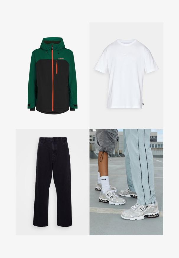 Groene en zwarte jas met een capuchon, voorzien van oranje ritsen, een ritszak op de borst en verstelbare manchetten. Gemaakt van weersbestendig materiaal.; Witte katoenen t-shirt met korte mouwen en een ronde hals. Heeft een klein, subtiel Nike-logo op de borst en een zijlabel.; Zwarte denim broek met een rechte pijpdesign, voorzien van een knoop- en ritssluiting, riemlussen en minimale stikdetails.; Nike sportieve schoenen in een zilveren gaasmateriaal, met witte veters, een zwart swoosh-logo en een zwart-rode luchtkussenzool.