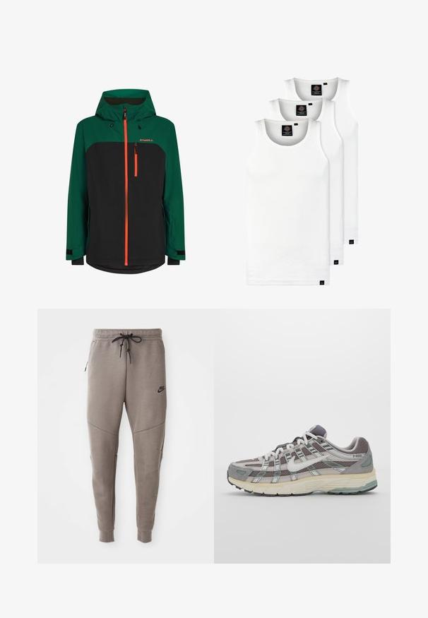 Zielono-czarna kurtka z kapturem, wyposażona w pomarańczowe zamki błyskawiczne, kieszeń na zamek błyskawiczny na piersi i regulowane mankiety. Wykonana z materiału odpornego na warunki atmosferyczne.; Trzy białe prążkowane koszulki na ramiączkach wykonane z bawełny. Posiadają okrągły dekolt i małe czarne metki blisko dolnego brzegu. Dostępne w różnych rozmiarach.; Szare dresy Nike z elastycznym pasem ze sznurkowym zapięciem, zwężanymi nogawkami, bocznymi kieszeniami i wyraźnymi detalami szwów. Miękka, teksturowana tkanina.; Szare buty sportowe z siateczkowym i zamszowym wierzchem, białymi akcentami, amortyzowaną podeszwą oraz charakterystycznym designem z elementami odblaskowymi.