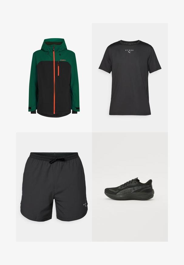 Veste verte et noire avec capuche, dotée de zips oranges, d'une poche poitrine zippée et de poignets ajustables. Fabriquée en matériau résistant aux intempéries.; T-shirt de sport noir à manches courtes en tissu léger. Il présente un col rond et un logo « HYROX » imprimé avec un emblème Puma sur le devant.; Shorts de bain noirs avec une taille élastique et un cordon de serrage. Tissu léger avec des poches latérales. Présente un petit logo sur l'ourlet.; Chaussure de sport noire avec une tige en mesh texturé, des lacets plats et une semelle rembourrée dotée de subtils accents réfléchissants.