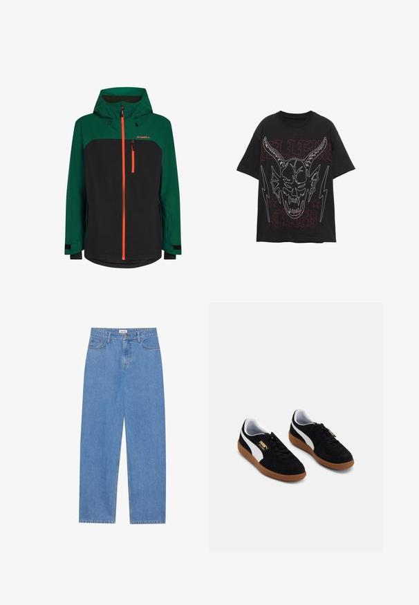 Veste verte et noire avec capuche, dotée de zips oranges, d'une poche poitrine zippée et de poignets ajustables. Fabriquée en matériau résistant aux intempéries.; T-shirt noir avec une grande contour blanc d'une tête de mort démoniaque avec des cornes, texte gothique rouge "HELLFIRE CLUB", deux éclairs et des étoiles à l'avant.; Jean en denim bleu clair avec une coupe droite, design à cinq poches, fermeture à un bouton et détails de couture subtils sur les coutures.; Baskets en suède noir avec une bande latérale blanche, un design à lacets et une semelle en caoutchouc gomme. Détail logo doré sur le côté.