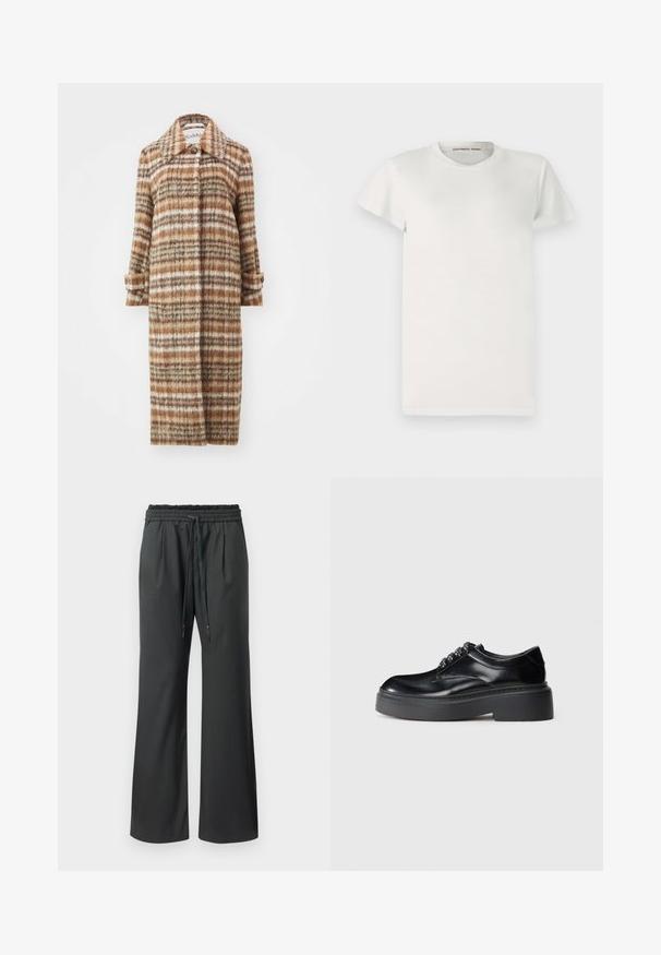 Rodebjer AIDA BRUSHED CHECK - Manteau classique - brown; T-shirt blanc à manches courtes en coton avec un col rond et une coupe simple. Les étiquettes affichent "DESIGNERS REMIX" à l'intérieur du col.; Pantalons larges noirs avec une taille élastique et de longues cordons, présentés sur un fond blanc uni.; Chaussures en cuir noir à bout arrondi, avec une semelle épaisse et une décoration en dentelle. Texture lisse et couture contrastée visibles.