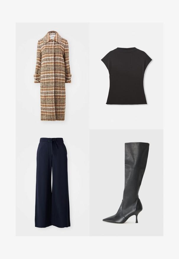 Rodebjer AIDA BRUSHED CHECK - Klasický kabát - brown; Černý krátký rukáv top s vysokým výstřihem a volným střihem. Vyrobeno z měkké látky s hladkým povrchem. Bez viditelných vzorů nebo grafik.; Námornické kalhoty s širokými nohavicemi a vertikálním proužkovým vzorem. Mají vázaný pas a jemnou, hladkou texturu. Lehce se nosí díky lehkému materiálu.; Černé kožené vysoké boty do kolen s špičatou špičkou a štíhlým jehlovým podpatkem. Hladká textura s přiléhavým střihem a přešitím na horním okraji.