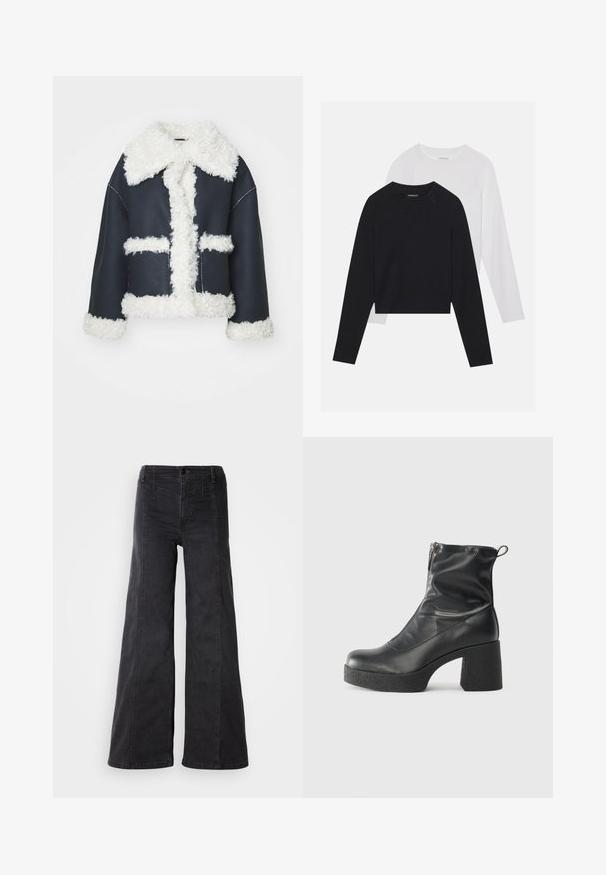 Mørkeblå jakke med en fluffy hvit shearlingkrage og trim. Har to frontlommer og en boksformet fasong. Synlige maskinsømmer.; To lange ermerte skjorter: en svart og en hvit. Begge har rund hals, raglanermer og er laget av en myk bomullsblanding.; Bredde ben svart denimbukser med høy midje, med frontlommer og minimal sømdetalj. Stoffet av bomull gir en jevn tekstur.; Svarte ankelstøvler laget av glatt lær, med glidelås på siden, chunky strukturert hæl, og rund tå-design.
