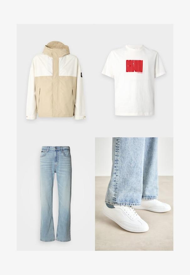 Bež in bela barvno blokirana jakna z visokim ovratnikom, z zip žepi in nastavljivimi manšetami. Narejena iz gladkega, vremensko odpornega materiala.; Bela bomba iz 100% bombaža z velikim rdečim grafičnim tiskom "CALVIN KLEIN" spredaj, s krožnim ovratnikom in kratkimi rokavi.; Svetlo modri kavbojki z ravnim krojem, ki vključujejo pet žepov, zapiranje na gumb in rahlo zbledelo tkanino.; Bele superge iz gladkega materiala, z vezalkami, z teksturiranim gumijastim podplatom in teal akcentom na peti, v kombinaciji z svetlobe modrimi džinsami.