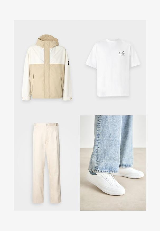 Beige and white color-blocked jacket with a high collar, zip pockets, and adjustable cuffs. Made of a smooth, weather-resistant material.; White cotton t-shirt with short sleeves, crew neck, featuring a black CK logo on the left chest area, standard fit, smooth texture.; Beige cotton trousers with a straight-leg cut, featuring a button closure and pleats at the front for added detail.; White sneakers with smooth material, lace-up design, textured rubber sole, and a teal accent at the heel, paired with light blue jeans.