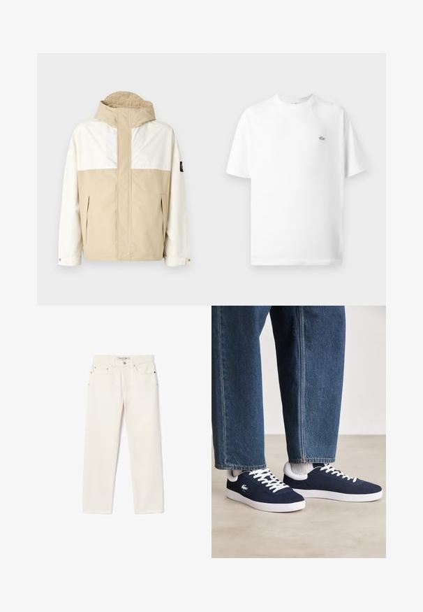 Bežinė ir balta spalvų blokų striukė su aukštu apykakle, užtrauktukais su kišenėmis ir reguliuojamomis rankogaliais. Pagaminta iš lygaus, oro sąlygoms atsparaus medžiagos.; Balta medvilninė marškinėlių su apvaliu kaklu ir trumpomis rankovėmis. Yra mažas juodas Lacoste logotipas kairėje krūtinės pusėje.; Kremo spalvos džinsai su tiesiais kojų kirpimais, turintys dvi priekinės kišenes, mygtukų užsegimą ir subtilų prekinį ženklą šalia juosmens.; Mėlyni drobės sportbačiai su baltais raišteliais ir guminiais padais, išdėstyti su džinsiniais kelnėmis ir pilkais briaunotais kojiniais, šviesiai pilkame paviršiuje.