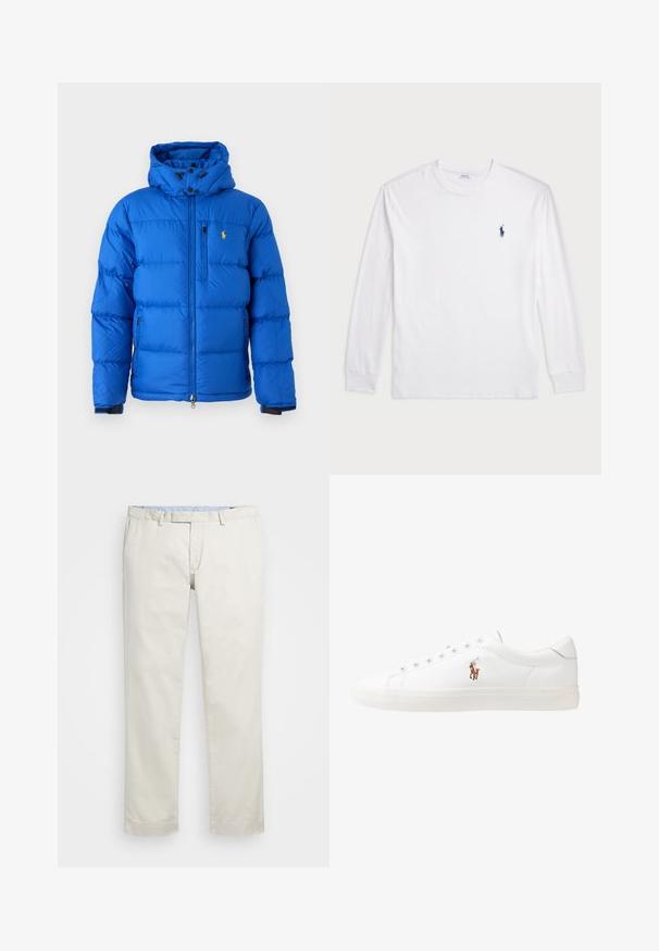 Blue padded winter jacket with hood, front zipper, zippered chest pocket, and yellow embroidered logo on chest.; White long-sleeve T-shirt made of cotton. Features a round neckline, ribbed cuffs, and a small navy blue polo logo on the left chest.; Beige cotton chinos with a flat front, belt loops, and side pockets. Straight-leg design with a smooth texture and a light, breathable feel.; White leather sneakers, low-top design, featuring a smooth texture, round toe, laced front, and a small embroidered logo on the side.