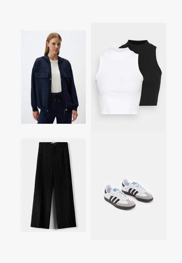 Marineblauer Reißverschluss-Hoodie mit zwei Brusttaschen, verstellbarem Tunnelzug und elastischen Bündchen. Weiches Material mit glatter Textur.; Zwei ärmellose, gerippte Rollkragenoberteile in Schwarz und Weiß, mit einer figurbetonten Passform und glatter Textur sowie einer cropped Länge.; Schwarze weite Hosen aus leichtem Stoff, mit einem Knopfverschluss vorne und flachem Bund, mit sorgfältig genähten Säumen.; Sportschuhe mit einem Obermaterial aus weißem Leder, grauer Wildleder-Zehenkappe und drei schwarzen Streifen. Sie verfügen über ein blaues Logo auf der Zunge und eine strukturierte Gummisohle.