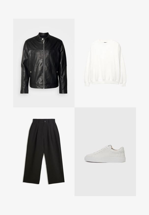 Schwarze Lederjacke mit Stehkragen, durchgehendem Reißverschluss und seitlichen Taschen. Mit glatter Textur und dezenten Steppnähten.; Weißer Sweatshirt, Rundhalsausschnitt, lange Ärmel, lockere Passform. Weicher Stoff mit gerippten Bündchen und Saum. Minimalistisches Design, keine sichtbaren Logos oder Muster.; Schwarze Hose mit lockerem Schnitt, mit Falten an der Vorderseite, Seitentaschen und einem Knopfverschluss. Hergestellt aus strukturiertem Stoff.; Weiße Leder-Sneaker im Low-Top-Stil mit runder Zehenform, flacher weißer Gummisohle und minimalistischen Steppnähten. Schnürsenkel sind durch sechs Ösen gesichert.