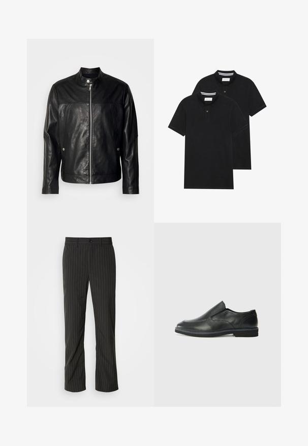 Zwarte leren jas met een staande kraag, vooraan met ritssluiting en zijzakken. Beschikt over een gladde textuur en subtiele stiksels.; Twee zwarte polo shirts, met korte mouwen, van katoen, met een klassieke kraag, een knoopsluiting met twee knopen en witte gestreepte accenten aan de binnenkant van de kraag.; Zwarte broek met streepjes en een rechte snit. Beschikt over een gladde textuur, een sluiting met knoop aan de voorkant en riemlussen.; Zwarte leren instapper met een soepele bovenkant, gestikte accenten, ronde neus en een lage rubberen hak. De zool heeft minimale profiel.