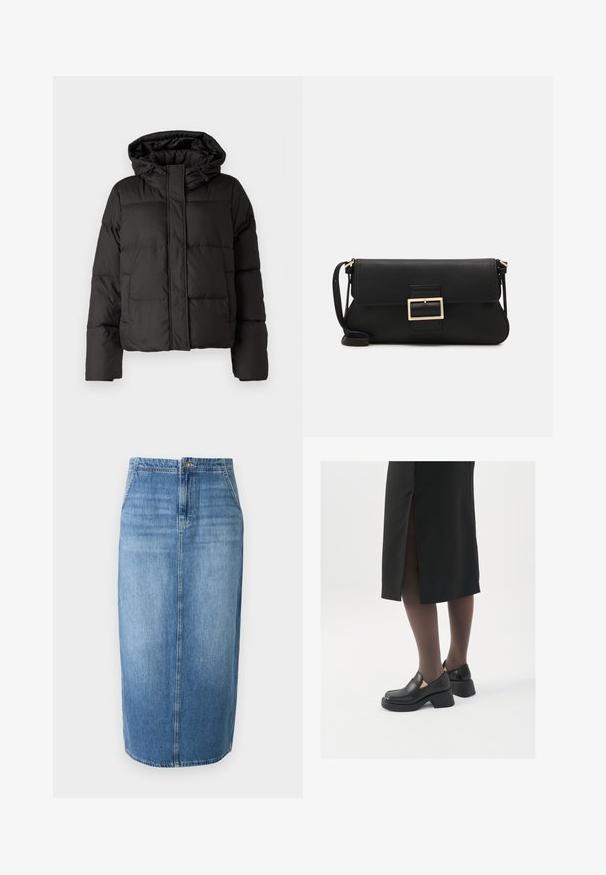 Must musterk jacket, millede, tõmbluku ees sulgemine, tikandmuster ja elastsed mansetid. Valmistatud siledast sünteetilisest materjalist.; JDY JDYDINEA REVERSIBLE - Džemper - fern; Heledad denimpencil seelik heledas sinises toonis, sirge lõikega, esise nup closure'iga ja kergelt kulunud efektiga. Varrukaäär ulatub just üle põlve.; Mustad mustad jalatsid ümmarguse varbaga, paksu plokkniidi ja elastsete külgdetailidega, kombineeritud tumedate sukkade ja musta lõhikuga seelikuga.; Must haben musta nahkklahviga kott, millel on klapp ja kuldne metallist pandla detail. Kaasas must rihm ja stiilne, minimalistlik disain.