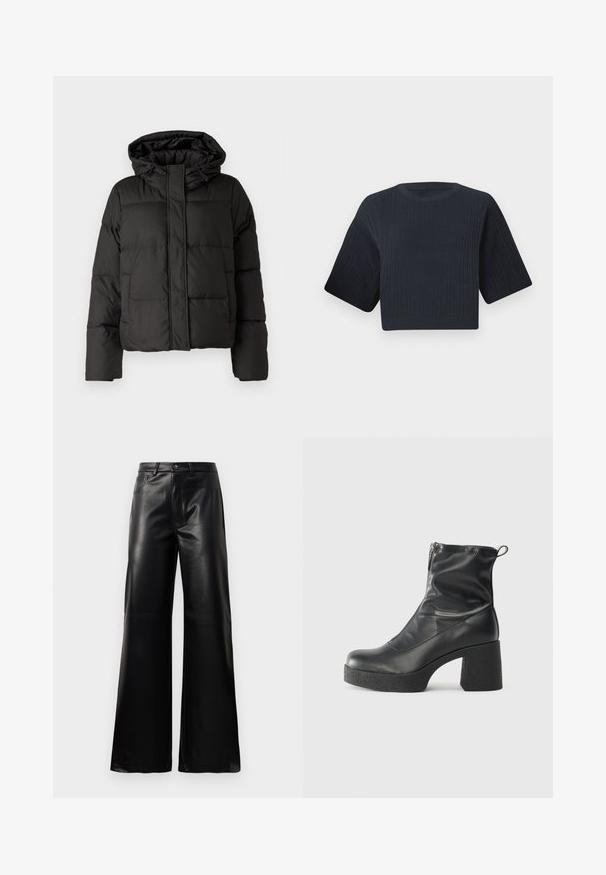 Casaco puffer preto com capuz, fecho frontal com zip e padrão acolchoado, com punhos elásticos. Feito de material sintético liso.; Suéter de malha cropped em azul marinho escuro com textura canelada, mangas curtas largas e decote redondo. Design simples, sem padrões ou acentos visíveis.; Calças largas de imitação de couro pretas, de cintura alta, com botão frontal, fecho de correr, passadores de cinto e bolsos laterais sobre fundo branco.; Botas de tornozelo pretas feitas de couro liso, com fecho lateral, salto grosso texturizado e design de bico arredondado.