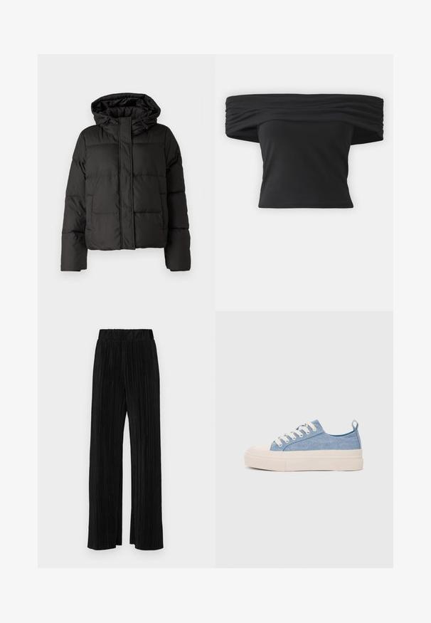 Svart pufferjakke med hette, glidelås foran, quiltet mønster og elastiske ermer. Laget av glatt syntetisk materiale.; Svart av- skulder topp med rynket tekstur ved halslinjen, korte ermer, og en tettsittende kort design. Laget av elastisk materiale.; Sorte plisserte bukser med elastisk midje. Har vide ben og et glatt, strukturert stoff med vertikale striper.; Lys blå canvastøfler med en kremfarget gummitupp og yttersåle, med hvite snørebånd og en løfteløkke på hælen.