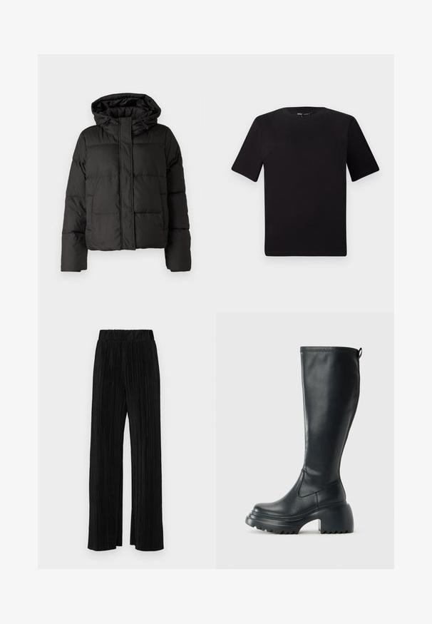 Veste doudoune noire avec capuche, fermeture éclair à l'avant, motif matelassé et poignets élastiques. Fabriquée en matériau synthétique lisse.; T-shirt noir à manches courtes avec un col rond, fabriqué en coton doux. Design simple, sans logos ni motifs visibles.; Pantalons plissés noirs avec une taille élastique. Présente des jambes larges et un tissu lisse texturé avec des rayures verticales.; Botte en cuir noir haute avec semelle plateforme épaisse et talon carré, dotée d'une languette et d'un motif texturé sur la semelle extérieure.