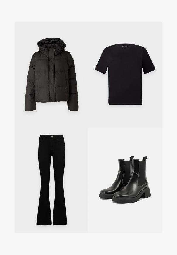 Schwarze Daunenjacke mit Kapuze, Reißverschluss auf der Vorderseite, gestepptem Muster und elastischen Bündchen. Hergestellt aus glattem Synthetikmaterial.; Schwarzes T-Shirt mit kurzen Ärmeln und Rundhalsausschnitt, aus weichem Baumwollmaterial gefertigt. Schlichtes Design, keine sichtbaren Logos oder Muster.; Schwarze hochtaillierte Jeans mit einem Knopf- und Reißverschluss, Fronttaschen und ausgestellten Beinen, flach auf einem weißen Hintergrund ausgelegt.; Schwarze Leder Chelsea-Stiefel mit einem klobigen Absatz, elastischen seitlichen Einsätzen und kontrastierendem weißen Nähten. Strukturierte Oberfläche.