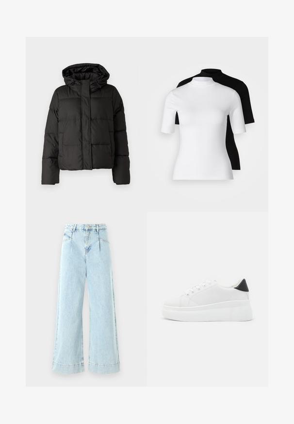 Black puffer jacket with a hood, zip front closure, quilted pattern, and elastic cuffs. Made from smooth synthetic material.; Set of two fitted turtleneck tops in white and black. Short sleeves, smooth cotton fabric, and close-fitting design. No patterns or graphics.; Light blue wide-leg jeans made of denim, featuring a high waist, front pockets, and stitched accents at the hem.; White platform sneakers made of smooth synthetic material, featuring a rounded toe, lace-up design, and a textured rubber sole. Black heel accent.