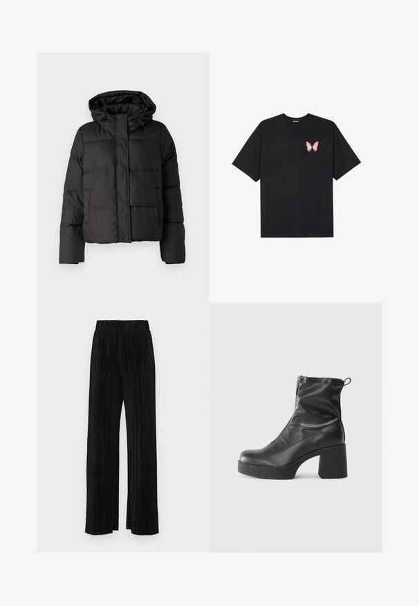 Fekete puffernadrág kapucnival, elöl cipzárral záródik, steppelt mintázattal és elasztikus mandzsettákkal rendelkezik. Simább szintetikus anyagból készült.; Fekete pamut póló rövid ujjakkal, bal mellkason egy kis rózsaszín pillangó grafikával. Kerek nyakú kialakítás, laza fazonnal.; Fekete pliszírozott nadrág gumis derekkal. Széles lábakkal rendelkezik, sima, texturált anyagból készült, függőleges csíkokkal.; Fekete bokacsizmák sima bőrből, oldalsó cipzárral, vastag, texturált sarkú és lekerekített orrú dizájnnal.